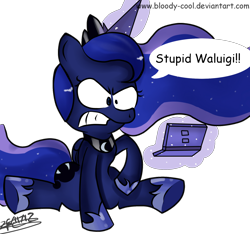 Size: 1600x1500 | Tagged: safe, artist:irunekagi, princess luna, alicorn, pony, comic sans, dialogue, gamer luna, heresy, mario kart, mario kart ds, nintendo, nintendo ds, simple background, solo, super mario bros., waluigi