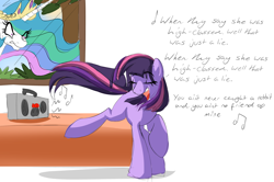 Size: 1024x679 | Tagged: safe, artist:xxluv-bug004xx, princess celestia, twilight sparkle, alicorn, pony, blank flank, elvis presley, hound dog, lyrics, singing, song, song reference, thinly veiled celestia hate