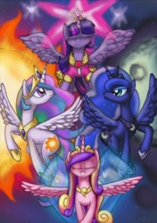 Size: 1496x2120 | Tagged: safe, artist:cazra, princess cadance, princess celestia, princess luna, twilight sparkle, twilight sparkle (alicorn), alicorn, pony, alicorn tetrarchy, clothes, female, mare