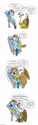 Size: 820x2658 | Tagged: safe, artist:mickeymonster, derpibooru import, gilda, rainbow dash, griffon, pegasus, pony, comic, raspberry, spanish, tickling, translation, tummy buzz