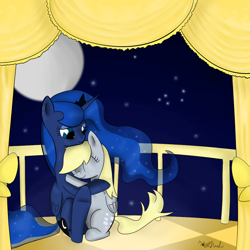 Size: 1000x1000 | Tagged: safe, artist:rodolfomushi, derpy hooves, princess luna, alicorn, pegasus, pony, balcony, female, hug, mare, sitting