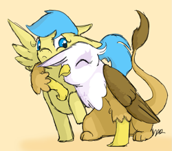 Size: 775x683 | Tagged: safe, artist:bansaiboukii, derpibooru import, gilda, sunshower raindrops, griffon, hug