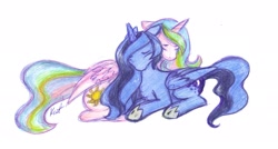 Size: 2255x1210 | Tagged: safe, artist:hippykat13, princess celestia, princess luna, alicorn, pony, crying, eyes closed, pinklestia, prone, simple background, sisters, traditional art, younger