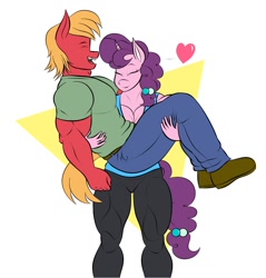 Size: 1074x1124 | Tagged: safe, artist:matchstickman, big macintosh, sugar belle, anthro, earth pony, plantigrade anthro, unicorn, biceps, bridal carry, carrying, clothes, deltoids, eyes closed, female, femdom, heart, jeans, male, malesub, mare, muscles, pants, shipping, shirt, shoes, simple background, stallion, straight, submissive, sugar barbell, sugarmac, thunder thighs, triceps, white background