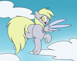 Size: 1324x1053 | Tagged: safe, artist:mr. rottson, derpy hooves, pegasus, pony, bubble butt, cloud, dock, female, flying, looking back, mare, open mouth, plot, solo, the ass was fat, underhoof