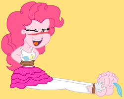 Size: 1542x1236 | Tagged: safe, artist:logan jones, pinkie pie, better together, equestria girls, barefoot, blushing, bondage, clothes, eyes closed, feather, feet, female, fetish, foot fetish, foot focus, foot tickling, laughing, nylon tights, pantyhose, ripped pantyhose, rope, skirt, soles, tanktop, tickle torture, tickling, tied up, toes