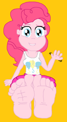 Size: 482x880 | Tagged: safe, artist:logan jones, pinkie pie, better together, equestria girls, barefoot, breasts, clothes, feet, female, fetish, foot fetish, foot focus, sitting, skirt, smiling, soles, tanktop, toes, waving, wiggling toes