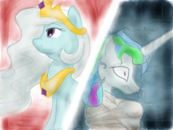 Size: 1024x768 | Tagged: safe, artist:maikeruto, princess celestia, screw loose, alicorn, pony, asylum, role reversal, straitjacket