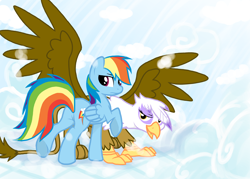 Size: 3500x2500 | Tagged: safe, artist:sotoco, derpibooru import, gilda, rainbow dash, griffon, pegasus, pony, cloud, cloudy, female, gildash, lesbian, looking back, plot, raised hoof, raised leg, shipping, smiling, spread wings