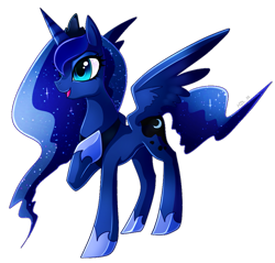 Size: 949x907 | Tagged: safe, artist:tamufisi, princess luna, alicorn, pony, cute, ethereal mane, female, lunabetes, mare, open mouth, raised hoof, simple background, solo, starry mane