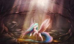 Size: 1980x1188 | Tagged: safe, artist:ajvl, princess celestia, alicorn, pony, boulder, crepuscular rays, dead tree, dust, forest, looking up, missing accessory, rearing, scenery, solo, spread wings, tree