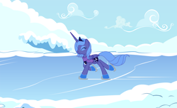 Size: 1276x775 | Tagged: safe, artist:tenchi-outsuno, princess luna, alicorn, pony, clothes, cloud, eyes closed, ice, ice skating, s1 luna, scarf, sky, snow, solo, winter