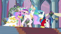 Size: 1280x720 | Tagged: safe, screencap, princess cadance, princess celestia, queen chrysalis, shining armor, alicorn, changeling, changeling queen, pony, unicorn, a canterlot wedding, angry, clothes, disguise, disguised changeling, dress, fake cadance, female, male, mare, stallion, wedding dress