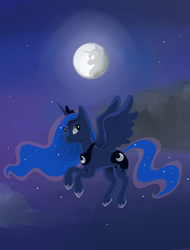 Size: 1900x2500 | Tagged: safe, artist:soupa12, princess luna, alicorn, pony, cloud, cloudy, flying, mare in the moon, moon, night, solo