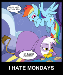 Size: 1250x1500 | Tagged: safe, artist:madmax, derpibooru import, gilda, rainbow dash, griffon, pegasus, pony, bed, blanket, cookie, garfield, parody, speech bubble