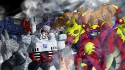 Size: 1280x720 | Tagged: safe, princess celestia, dragon, arrogance, arrogant, barely pony related, beast wars, conceit, fusion cannon, mad with power, megalomania, megalomaniac, megatron, megatron (beast wars), oppression, oppressors, optimus primal, prideof greed, shockwave (transformers), sin of pride, sin of vanity, sin of wrath, soundwave (transformers), starscream, statue, transformers, war criminals