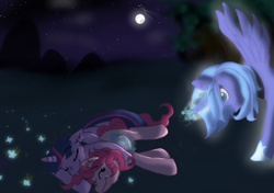 Size: 1172x823 | Tagged: safe, artist:cat4lyst, artist:coyoterainbow, pinkie pie, princess luna, twilight sparkle, alicorn, earth pony, pony, cheek fluff, cuddling, ear fluff, eyes closed, female, glow, glowing horn, lesbian, magic, magical lesbian spawn, mare, night, offspring, pregnant, shipping, sleeping, twinkie