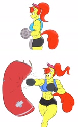 Size: 1177x1920 | Tagged: safe, artist:matchstickman, apple bloom, anthro, earth pony, abs, apple bloom's bow, apple bloomed, apple brawn, armpits, bicep curls, biceps, bow, boxing, boxing gloves, breasts, clothes, deltoids, dumbbell (object), exercise, female, gym clothes, gym shorts, hair bow, mare, matchstickman's apple brawn series, midriff, muscles, older, older apple bloom, punching bag, simple background, solo, sports, sports bra, sweat, thunder thighs, triceps, tumblr:where the apple blossoms, white background, workout