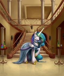 Size: 1500x1760 | Tagged: dead source, safe, artist:polkin, princess celestia, alicorn, pony, bottle, clothes, column, dress, female, glowing horn, horn, levitation, magic, mare, one eye closed, solo, stairs, telekinesis, wink