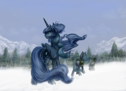 Size: 1101x798 | Tagged: safe, artist:grayma1k, princess luna, oc, alicorn, pony, clothes, forest, mist, mountain, saddle bag, scarf, snow, tree, windswept mane