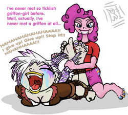 Size: 514x461 | Tagged: safe, artist:rgevskiy, derpibooru import, gilda, pinkie pie, plantigrade anthro, barefoot, crying, eyes closed, feather, feet, female, fetish, gildapie, gritted teeth, humanized, laughing, lesbian, open mouth, shipping, smiling, tickle fetish, tickle torture, tickling