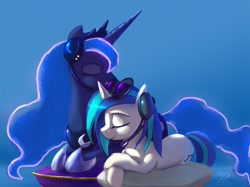 Size: 1581x1181 | Tagged: safe, artist:raikoh, dj pon-3, princess luna, vinyl scratch, alicorn, pony, unicorn, eyes closed, female, gamer luna, headphones, headset, lesbian, microphone, pillow, prone, shipping, smiling, vinyluna