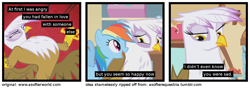 Size: 1200x420 | Tagged: safe, derpibooru import, edit, edited screencap, screencap, gilda, rainbow dash, griffon, pegasus, pony, griffon the brush off, a softer world, screencap comic