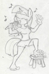 Size: 687x1044 | Tagged: safe, artist:dertikleen, twilight sparkle, twilight sparkle (alicorn), alicorn, anthro, barefoot, feet, fetish, foot fetish, foot tapping, microphone, monochrome, music notes, singing, solo, tapping, traditional art