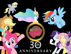 Size: 900x675 | Tagged: safe, artist:smwstudios, applejack, derpy hooves, fluttershy, pinkie pie, princess celestia, rainbow dash, rarity, twilight sparkle, alicorn, earth pony, pegasus, pony, unicorn, 30th anniversary, female, mare