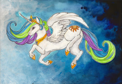 Size: 1024x709 | Tagged: safe, artist:awaicu, princess celestia, alicorn, pony, female, horn, mare, multicolored mane, solo, traditional art, white coat