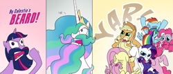 Size: 1575x675 | Tagged: safe, artist:thestoicmachine, applejack, fluttershy, pinkie pie, princess celestia, rainbow dash, rarity, twilight sparkle, alicorn, earth pony, pegasus, pony, unicorn, beard, by celestia's beard, comic, mane six, manliness, meme, moustache, parody, warfstache, wat, yar