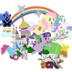 Size: 1278x1278 | Tagged: safe, applejack, derpy hooves, fluttershy, nightmare moon, pinkie pie, princess celestia, rainbow dash, rarity, spike, twilight sparkle, frog, cannon, castle, crossover, mane seven, mane six, mario, nintendo, paper, paper mario, parody, party cannon, rainbow, simple background, species swap, super mario bros., transparent background, video game, wand