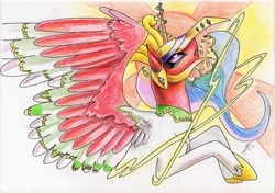 Size: 3498x2467 | Tagged: safe, artist:dragonademetal, princess celestia, alicorn, pony, crossover, ho-oh, pokémon, solo, traditional art, transformation