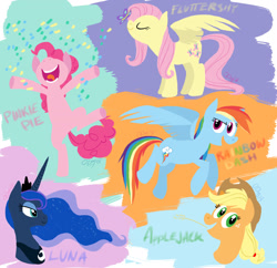 Size: 1912x1849 | Tagged: safe, artist:graystripe64, applejack, fluttershy, pinkie pie, princess luna, rainbow dash, alicorn, butterfly, earth pony, pegasus, pony, confetti