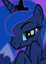 Size: 369x506 | Tagged: safe, artist:zombiecollie, edit, screencap, princess luna, alicorn, pony, luna eclipsed, ask lusty luna, close-up, crown, ethereal mane, female, flowing mane, hoof shoes, jewelry, lidded eyes, looking at you, lusty luna, mare, profile, raised hoof, reaction image, regalia, smiling, solo, stupid sexy luna, teal eyes, tumblr