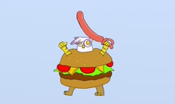 Size: 1511x900 | Tagged: safe, artist:evets, derpibooru import, gilda, griffon, burger, food, hamburger, sword, wat