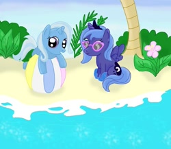 Size: 799x694 | Tagged: safe, princess luna, trixie, alicorn, pony, beach, filly, glasses, woona, younger