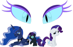 Size: 1418x912 | Tagged: safe, edit, idw, nightmare moon, nightmare rarity, princess luna, rarity, oc, oc:nyx, alicorn, pony, unicorn, fanfic:past sins, spoiler:comic, alicorn oc, ethereal mane, eyes, fanfic art, horn, nightmare nyx, prone, simple background, slit eyes, spread wings, starry mane, transparent background, trio, two sides, wings