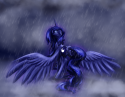 Size: 2523x1959 | Tagged: dead source, safe, artist:zedrin, princess luna, alicorn, pony, eyes closed, rain, solo, spread wings, wet, wet mane