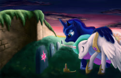 Size: 1024x662 | Tagged: safe, artist:fox-moonglow, princess celestia, princess luna, trixie, twilight sparkle, alicorn, pony, grave, hug, immortality blues, implied death, mortal twilight, sad, winghug