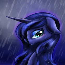 Size: 1500x1500 | Tagged: safe, artist:zedrin, princess luna, alicorn, pony, bedroom eyes, portrait, rain, solo, wet, wet mane