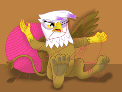 Size: 1280x960 | Tagged: safe, artist:8aerondight8, derpibooru import, gilda, griffon, chick, cub, entangled, tangled up, yarn