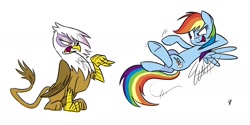 Size: 2000x1000 | Tagged: safe, artist:glancojusticar, derpibooru import, gilda, rainbow dash, griffon, pegasus, pony