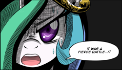 Size: 1077x624 | Tagged: safe, artist:crimsonbugeye, princess celestia, alicorn, pony, cropped, looking at you, solo, speech bubble, sweat