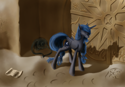 Size: 1000x696 | Tagged: safe, artist:grayma1k, princess luna, alicorn, pony, messenger bag, moon, scroll, solo