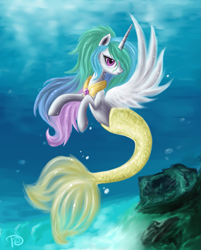 Size: 963x1200 | Tagged: safe, artist:daffydream, princess celestia, alicorn, mermaid, merpony, seapony (g4), bubble, crepuscular rays, cute, digital art, ethereal mane, feather, female, fish tail, flowing mane, flowing tail, gem, horn, lidded eyes, looking at you, mare, ocean, peytral, pink eyes, rock, sealestia, seaponified, seapony celestia, signature, smiling, smiling at you, solo, species swap, sunlight, swimming, tail, underwater, water, wings
