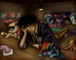 Size: 1100x880 | Tagged: safe, artist:miokomata, applejack, fluttershy, princess celestia, rainbow dash, trixie, twilight sparkle, human, bar, cigarette, cowboy bebop, crossover, drunk, drunk aj, drunk twilight, drunker dash, drunkershy, smoking, spike spiegel