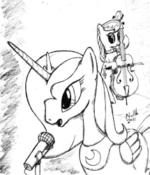 Size: 800x932 | Tagged: safe, artist:nullh, octavia melody, princess luna, alicorn, earth pony, pony, microphone, monochrome, s1 luna, singling