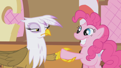 Size: 1280x720 | Tagged: safe, derpibooru import, screencap, gilda, pinkie pie, earth pony, griffon, pony, griffon the brush off