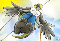 Size: 2880x1972 | Tagged: safe, artist:spyrolinkgame, oc, oc:dusty dubs, anthro, pegasus, anthro oc, clothes, feet, female, fetish, foot fetish, foot focus, hanging, jeans, pants, suspended